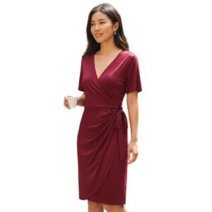 Womens Burgundy Wrap Dress Short Sleeves Classic Preppy Casual